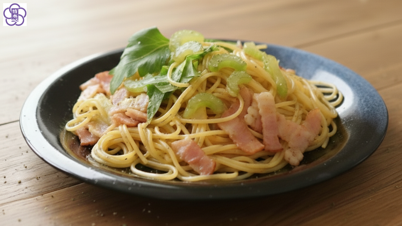 【魚醤レシピ】セロリとベーコンのペペロンチーノ|えそ醤だけで旨みアップ(3人分)